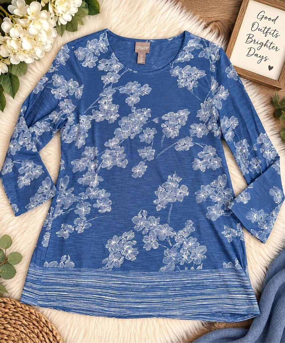 Chicoโs Size 0 Small Blue White Floral Long Sleeve Tunic Top Striped Hem